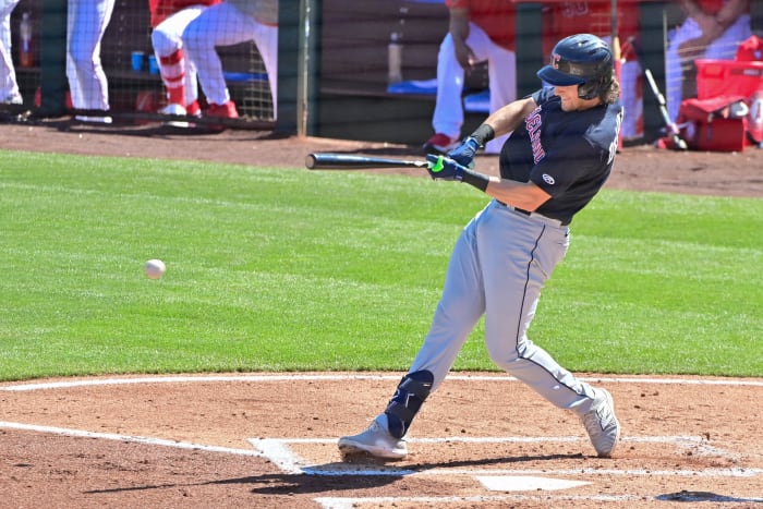 Feb 29, 2024; Tempe, Arizona, USA; Cleveland Guardians right fielder Chase DeLauter (6) grounds out in the third inning against the Los Angeles Angels during a spring training game at Tempe Diablo Stadium. Mandatory Credit: Matt Kartozian-USA TODAY Sports